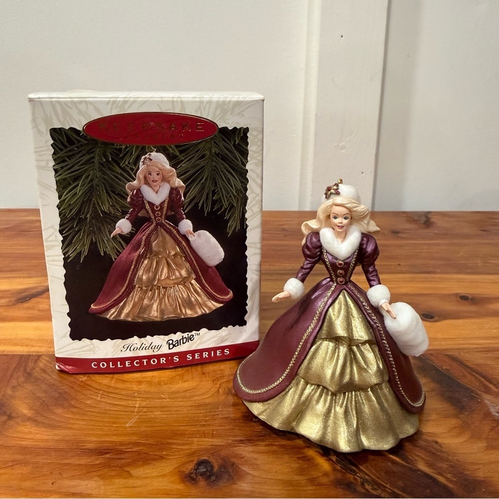 Vintage 1996 Hallmark Keepsake Holiday Barbie Burgundy Gold Fur Ornament #4